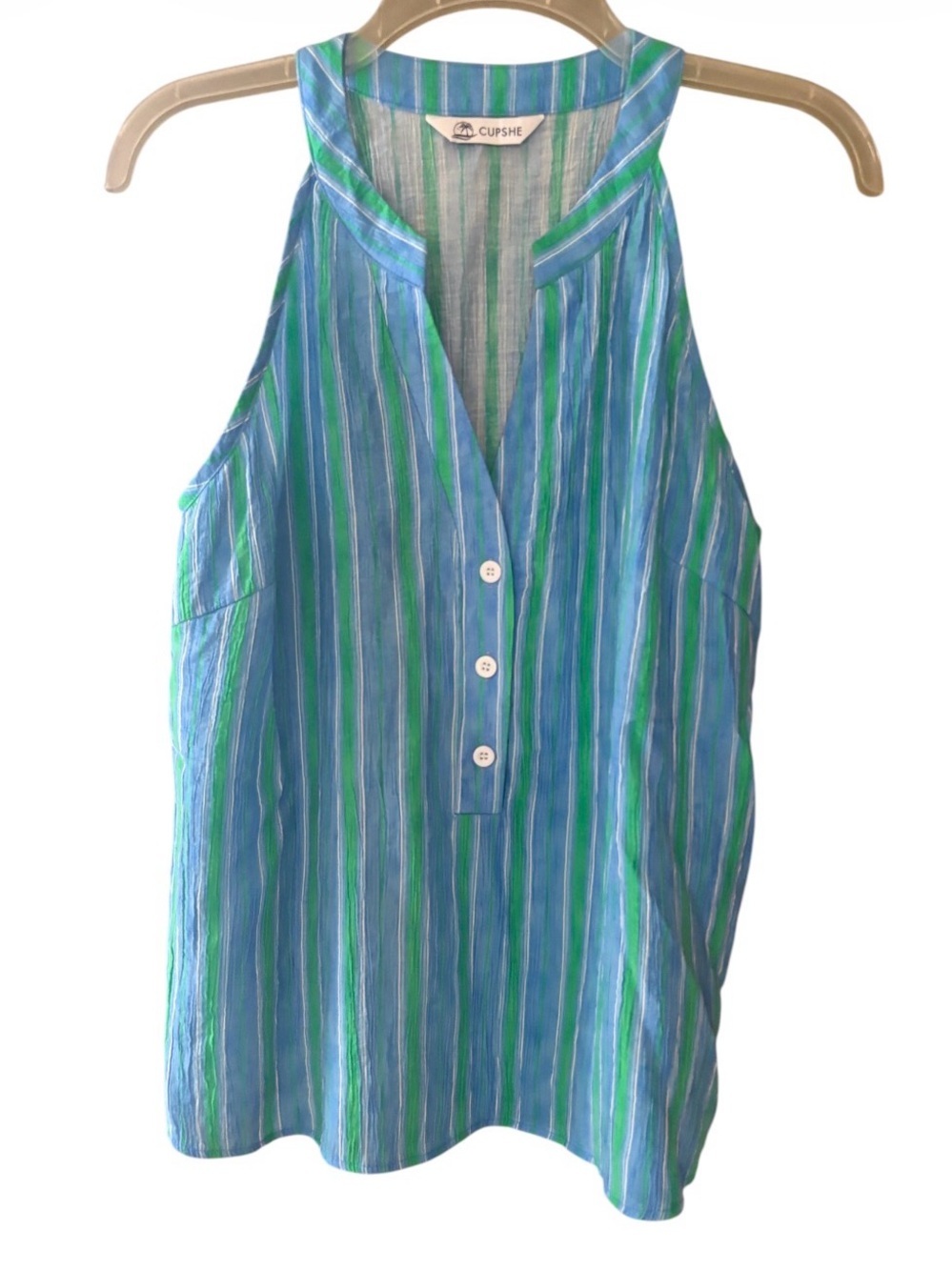 CUPSHE Blue and Green Vertical-Stripe Sleeveless Split Neck Top Size M